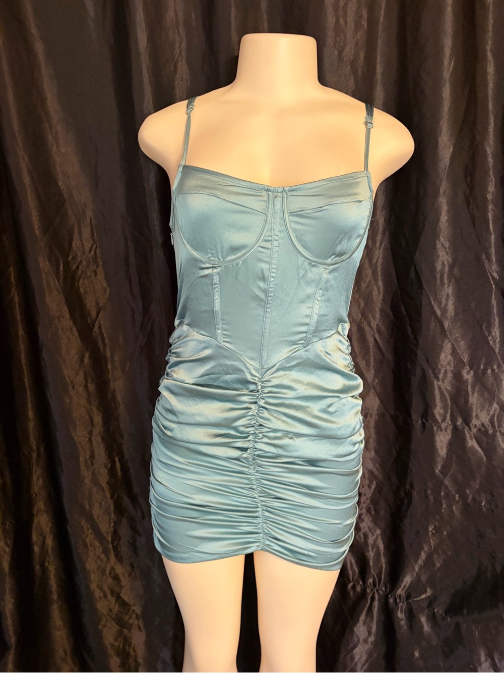 PrettyLittleThing Teal Satin Ruched Mini Dress